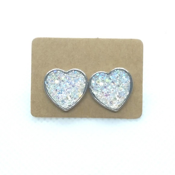 5/$25 Heart Shaped Druzy Earrings Iridescent Studs Heart Shaped Earrings - Picture 3 of 5